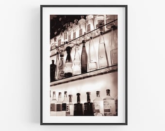 Tequila Photography framed art print, vintage tequila bottles classy kitchen bar decor restaurant art black & white sepia tequila lover gift