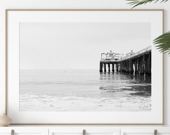 Malibu Photography Print Black and White Pier Beach Decor Minimalist California Ocean Nautical Coastal Style Surf Seascape Los Angeles Art