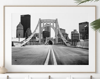 Pittsburgh Photography, FRAMED art print Black and White Downtown Ninth St Bridge Skyline City Wall Art art vintage Pennsylviania Photo