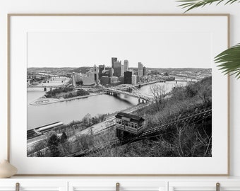 Pittsburgh Photography, FRAMED art print Black and White Mount Washington Skyline Photo Ft Duquesne Incline  Pittsburgh Cable Car Point Park