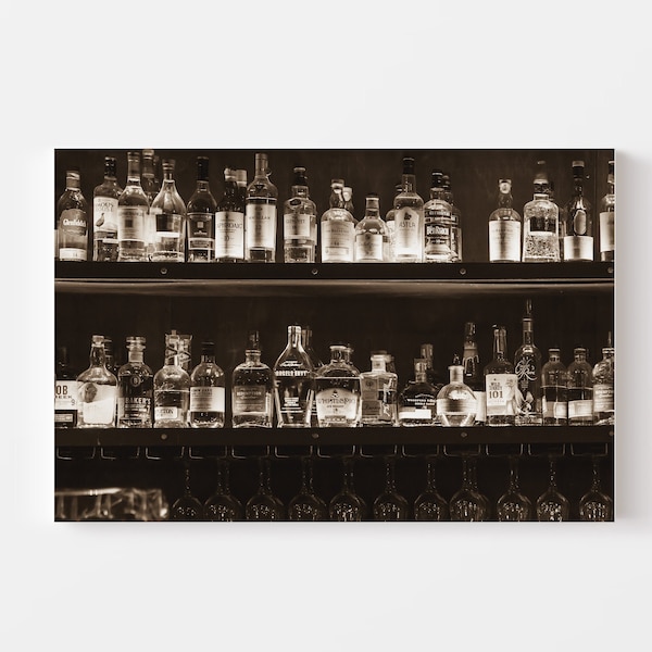 Whiskey Photography CANVAS Art vintage bourbon scotch whisky bottles dining kitchen distillery bar decor restaurant black and white sepia