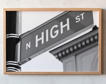 Columbus Ohio Photography, High Street Photo Framed Black and White Short North Street Sign Urban Art Modern Hip Print Restaurant Hotel