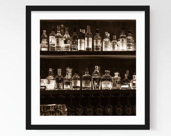 Whiskey Photography FRAMED art print vintage bourbon scotch whisky bottles kitchen distillery bar decor restaurant art black and white sepia