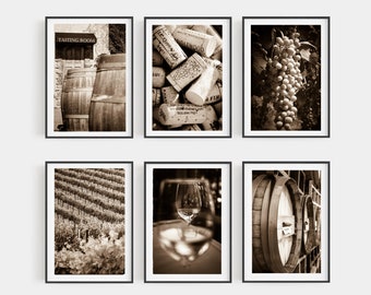 Vineyard Photography Prints Wine Kitchen Dining Art Winery Set of 6 Wine Barrel Glasses Temecula California Black and White Wine Country