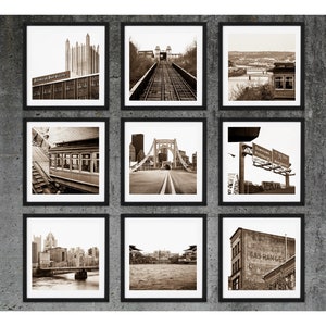 Pittsburgh Photography, SALE, Pittsburgh Gallery Wall Square Print Set, Wall Art, Pittsburgh Prints Sepia Black and White Downtown Photo Set