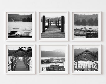 Black and White Lake Photography Print Set Lake Arrowhead California Prints Big Bear Art Marina Paddle Board Modern Cabin Art Gallery Wall
