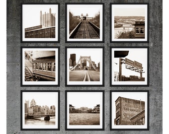 Pittsburgh Photography, SALE, Pittsburgh Gallery Wall Square Print Set, Wall Art, Pittsburgh Prints Sepia Black and White Downtown Photo Set