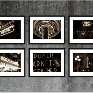 Seattle Photography, Seattle Print Set, City Wall Art, City Prints Pike Place Sepia Black and White Downtown Seattle Photo Set Space Needle