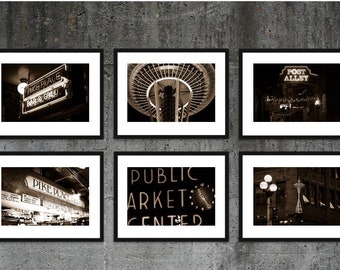 Seattle Photography, Seattle Print Set, City Wall Art, City Prints Pike Place Sepia Black and White Downtown Seattle Photo Set Space Needle