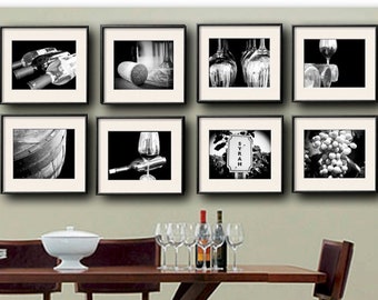 Wine Photography, Set of 8 5x7 or 8x10 Prints, Wine Print Set, Wine Art, Winery, Restaurant, Kitchen Art, Black and White food photography