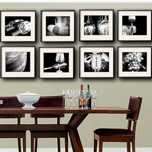 Wine Photography, Set of 8 5x7 or 8x10 Prints, Wine Print Set, Wine Art, Winery, Restaurant, Kitchen Art, Black and White food photography image 1