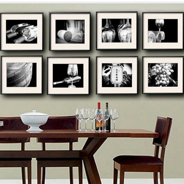 Wine Photography, Set of 8 5x7 or 8x10 Prints, Wine Print Set, Wine Art, Winery, Restaurant, Kitchen Art, Black and White food photography