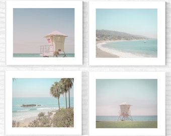 Beach Photography Print Set Laguna Beach California Lifeguard Tower Retro Surf Pretty Pastel Decor Wall Art Turquoise Blue Vintage Palm OC