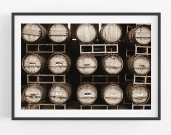 Vineyard Photography FRAMED Print, rustic wine barrel print vintage wine country bar art winery Temecula black and white sepia wine gifts