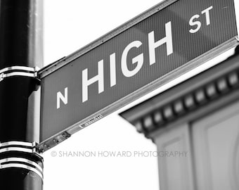 Columbus Ohio Photography, High Street Photo Black and White Short North Street Sign Urban Hipster Art Modern Hip Print Restaurant Hotel