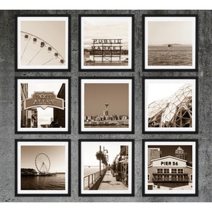 Seattle Photography, SALE, Seattle Art Print Set Gallery Wall U.S. City Prints Pike Place Sepia Black and White Downtown Seattle Skyline