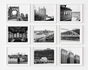 Black and White Pittsburgh Photography, SALE, Pittsburgh Gallery Wall Square Print Set, Downtown Pittsburgh Bridges Prints City Photo Set