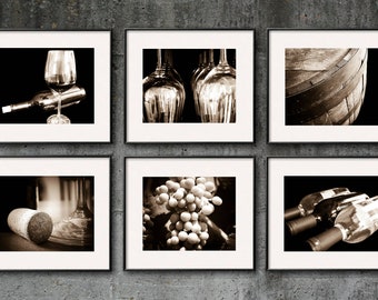 Wine Photography SALE, Sepia, Wine Print Set, Wine Art Set of 6 Prints Vintage Winery Restaurant Wine Bar Kitchen Art Dining Room Wine Gifts