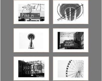 Seattle Photography, Seattle Print Set, City Wall Art, City Prints Pike Place Sepia Black and White Downtown Seattle Photo Set Space Needle