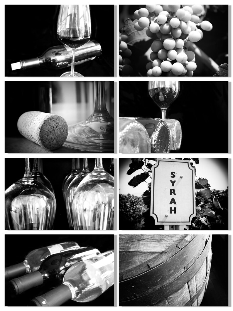 Wine Photography, Set of 8 5x7 or 8x10 Prints, Wine Print Set, Wine Art, Winery, Restaurant, Kitchen Art, Black and White food photography image 4