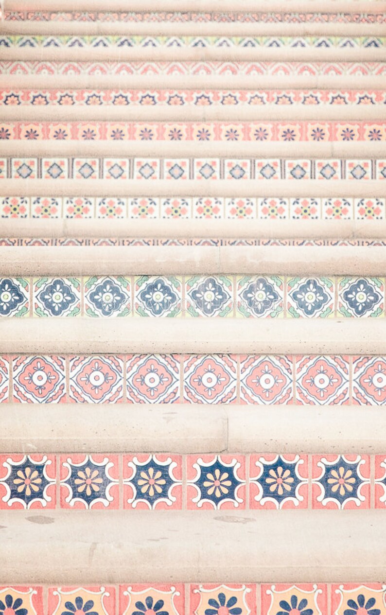 Mediterranean Photography Print, Spanish Architecture Spanish Style Wall Art Print Tiles Stairs Pretty Pastel Pink Blush Staircase Pattern image 4