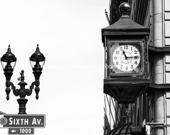 Black and White San Diego Photography, Downtown San Diego Print, Gaslamp District, Clock, Streetlamp, City Wall Art, Color Sepia Photography