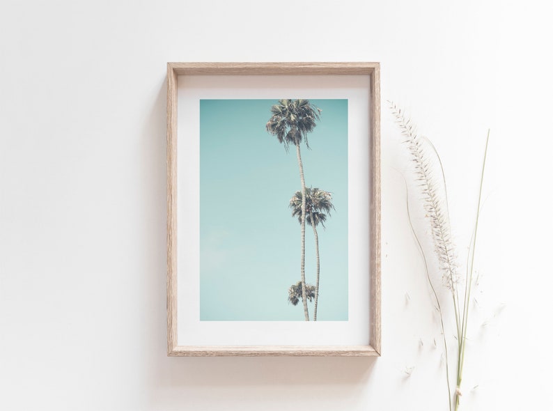 May include: A framed print of three palm trees against a light blue sky. The print is in a light wood frame.
