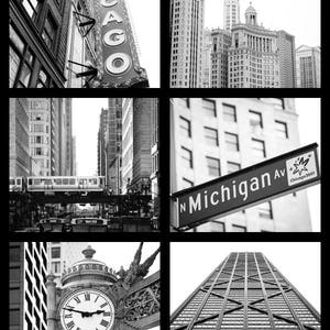 Puede incluir: Un collage de fotos en blanco y negro de monumentos de Chicago, incluyendo el letrero del Teatro Chicago, el Edificio Wrigley, el paseo mar&iacute;timo del r&iacute;o Chicago y la Torre Willis.