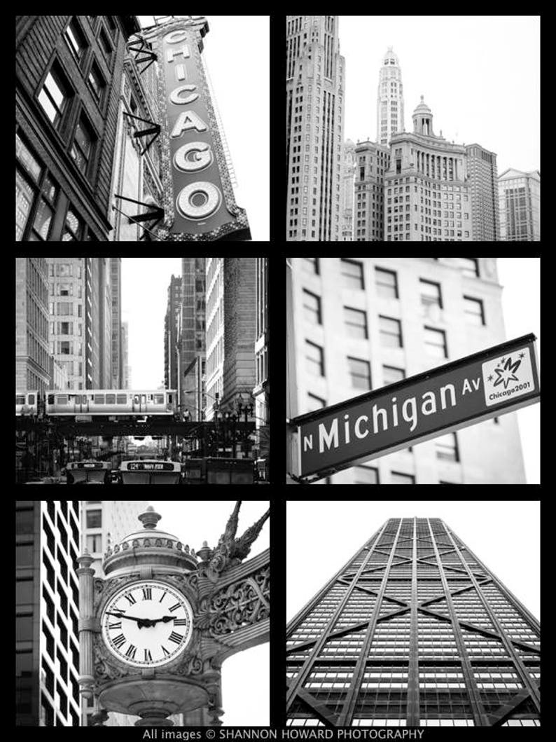 Puede incluir: Un collage de fotos en blanco y negro de monumentos de Chicago, incluyendo el letrero del Teatro Chicago, el Edificio Wrigley, el paseo mar&iacute;timo del r&iacute;o Chicago y la Torre Willis.