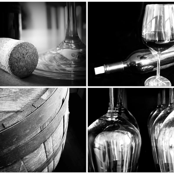 SALE Black and White Wine Photography Print Set, Wine Art  Winery Restaurant Wine Bar Kitchen Art Dining Art Hotel Vineyard Winery Napa Vino