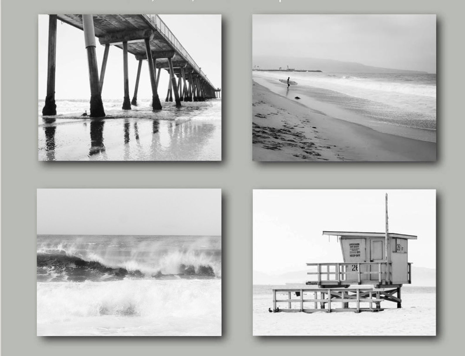 Black and White Beach Photography Set of 4 Prints, Surf, Waves, Ocean