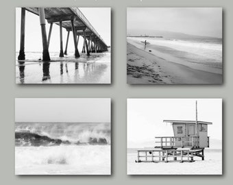 Black and White Beach Photography Set of 4 prints, Surf, Waves, Ocean, Pier, Water, California, Modern, Surfer, Living Room, Bedroom, Dining
