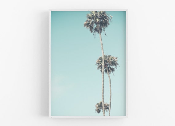 Palm Tree Photography, Retro Beach Decor, Los Angeles Surf Style Southern California Turquoise Blue Teal Aqua Serene Large Palms LA Vertical
