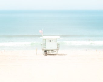 California Beach Photography, Lifeguard Tower Dreamy Serenity Blue, Manhattan Beach California Seascape Ocean Surf Aqua Teal Coastal Pretty