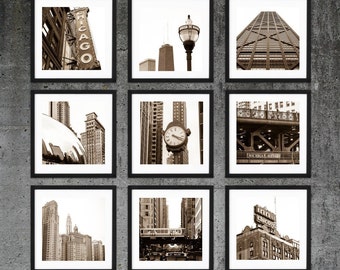 Chicago Photography, SALE, Chicago Gallery Wall Square Print Set, City Wall Art, Chicago Prints Sepia Black and White Downtown Photo Set