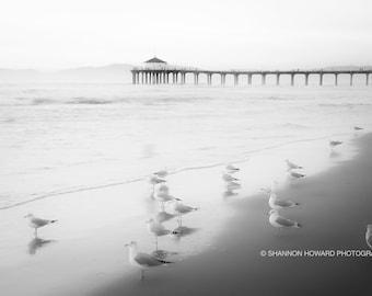 Manhattan Beach Pier Photography Black and White Beach Print South Bay Fresh Airy Coastal California Art Seascape Ocean Los Angeles Photo