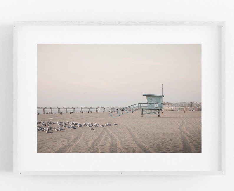 Hermosa Beach Photography 5th Street Lifeguard Tower Pier South Bay Los Angeles California Framed Photo Print Coastal Landscape LA Sunset image 1