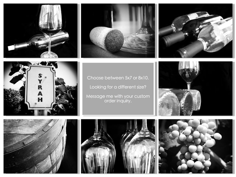 Wine Photography, Set of 8 5x7 or 8x10 Prints, Wine Print Set, Wine Art, Winery, Restaurant, Kitchen Art, Black and White food photography afbeelding 3