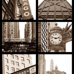 Puede incluir: Un collage en sepia de monumentos de Chicago, incluyendo la Willis Tower, el letrero del Chicago Theatre y una se&ntilde;al de calle para North Michigan Avenue.