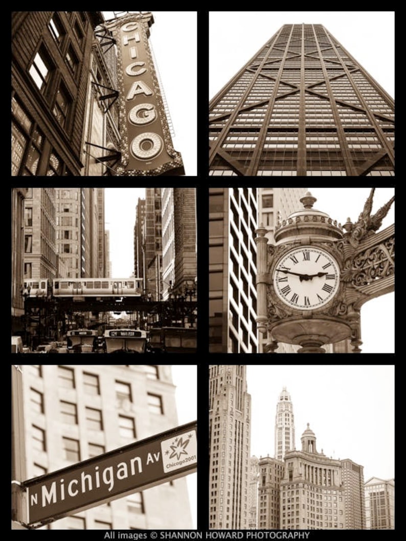 Puede incluir: Un collage en sepia de monumentos de Chicago, incluyendo la Willis Tower, el letrero del Chicago Theatre y una se&ntilde;al de calle para North Michigan Avenue.