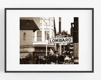 Black and White San Francisco  Photography Lombard Street Art Print Cityscape Northern California Bay Area Urban Wall Art Street Sign City