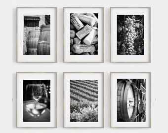 Vineyard Photography Prints Wine Kitchen Dining Art Winery Set of 6 Wine Barrel Glasses Temecula California Black and White Wine Country