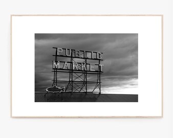 Black and White Seattle Photography, Seattle Public Market Center Sign Print Pike Place Market Photo Travel Pike Place Market Art Print