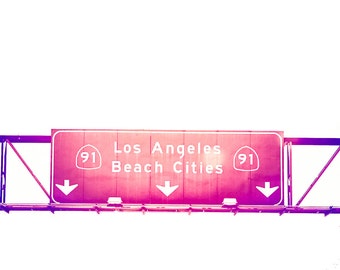 Los Angeles Photography, 8x10 print, Beach Photography, LA, California, Surf,  Road Signs, Interstate, Vibrant, Colorful, Modern Pink