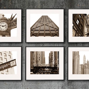 Chicago Photography, Chicago Print Set, City Wall Art, City Prints Canvas Art Sepia Black and White Downtown Chicago Photo Set Architecture