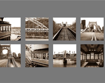 Pittsburgh Photography, SALE, Pittsburgh Gallery Wall Square Print Set, Wall Art, Pittsburgh Prints Sepia Black and White Downtown Photo Set