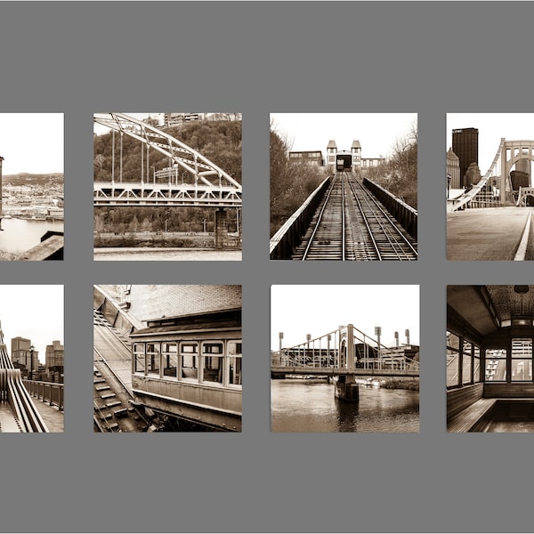 Pittsburgh Photography, SALE, Pittsburgh Gallery Wall Square Print Set, Wall Art, Pittsburgh Prints Sepia Black and White Downtown Photo Set