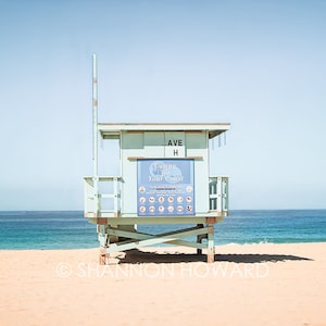 California Photography, Redondo Beach Lifeguard Tower Print Hermosa Beach Photo Turquoise Blue Seascape Los Angeles Retro Coastal Decor image 1