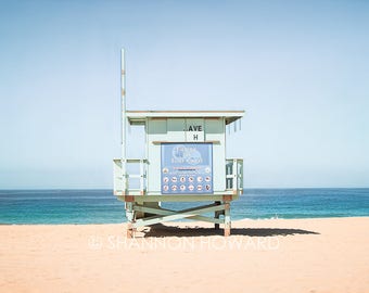California Photography, Redondo Beach Lifeguard Tower Print Hermosa Beach Photo Turquoise Blue Seascape Los Angeles  Retro Coastal Decor