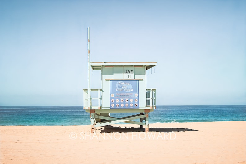 California Photography, Redondo Beach Lifeguard Tower Print Hermosa Beach Photo Turquoise Blue Seascape Los Angeles Retro Coastal Decor image 1